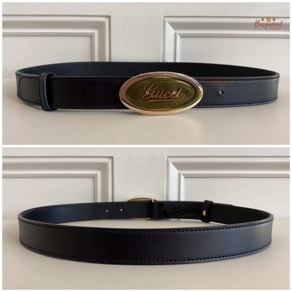 Authentic GUCCI Black Calfskin Leather Gold Script Oval Buckle Belt Size 90/36 main image 6